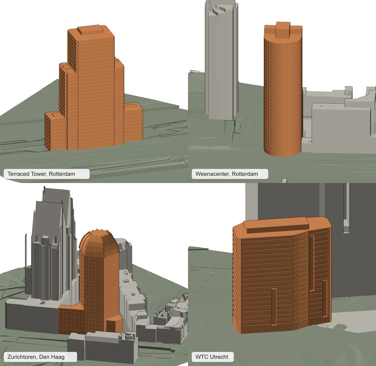 Vier van de nieuwe landmarkmodellen in oranje tussen de grijze PDOK-gebouwen: Terraced Tower, Weenacenter, Zurichtoren en WTC Utrecht