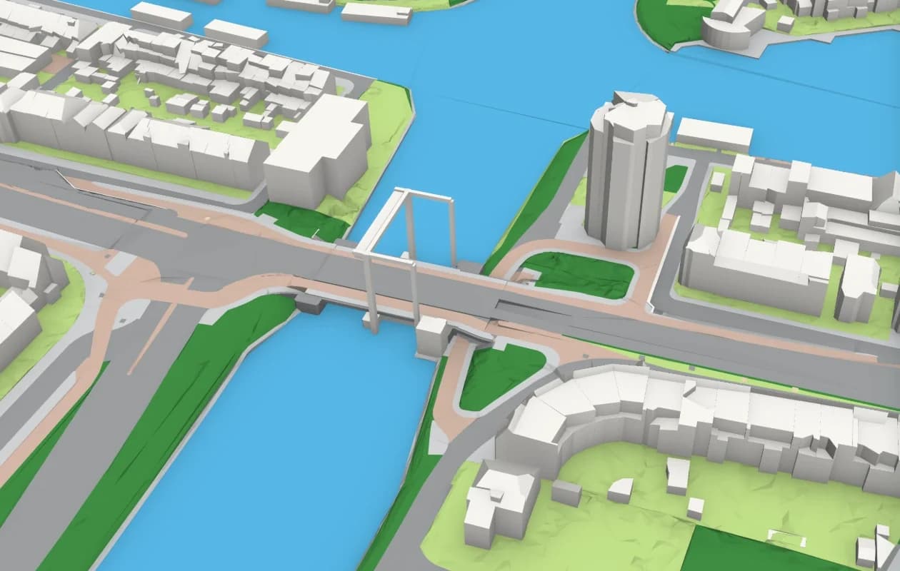 Dezelfde Wilhelminabrug met het gegenereerde model: een ophaalbrug met hamei, dek op hoogte en landhoofden aan beide oevers