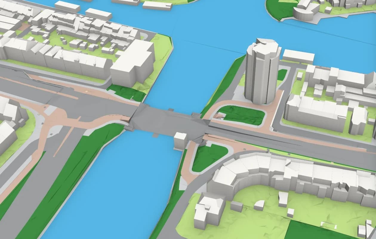 De Wilhelminabrug in Leiden zoals PDOK hem levert: een plat grijs vlak op het water, zonder dek, hamei of landhoofden