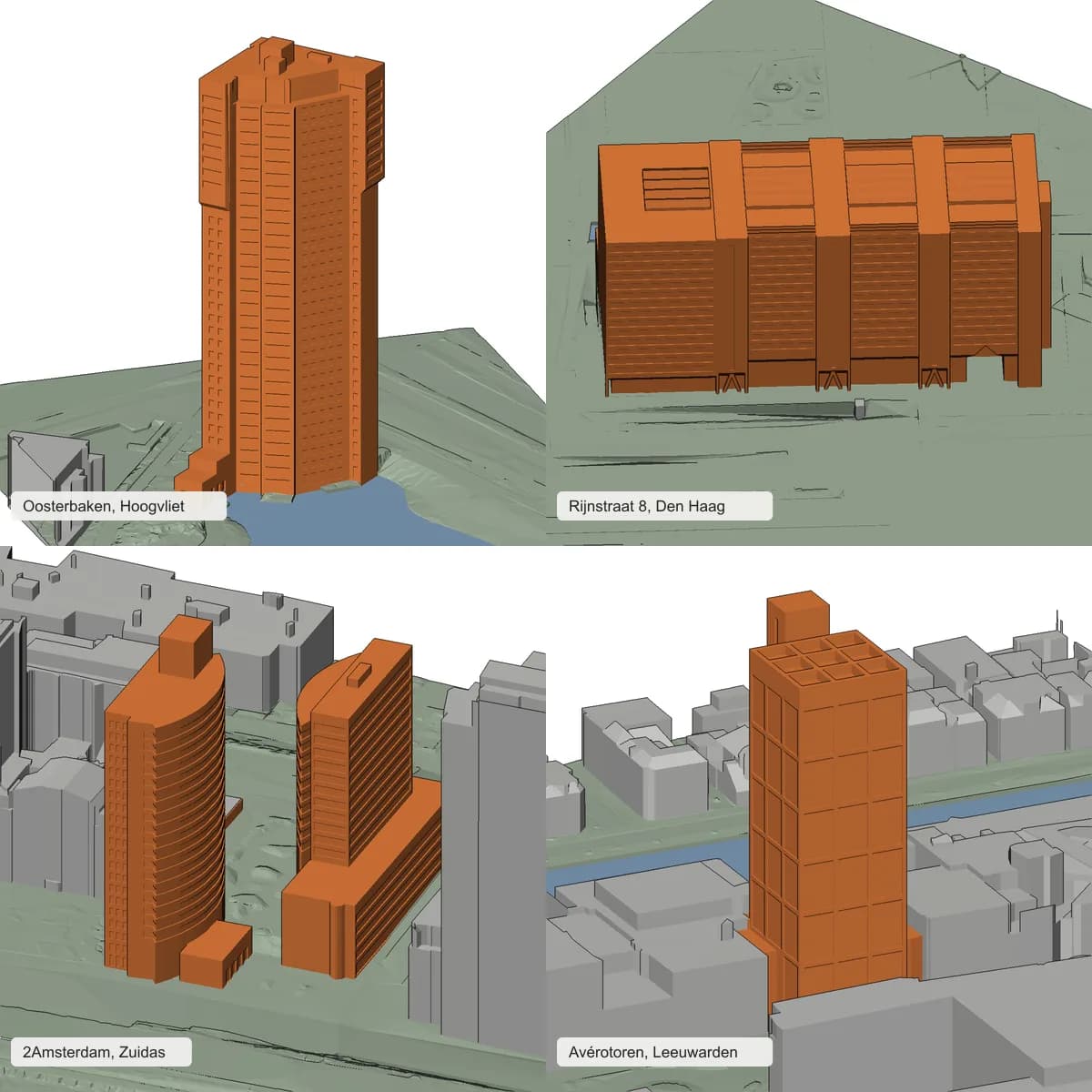 Vier van de nieuwe landmarkmodellen in oranje tussen de grijze PDOK-gebouwen: Oosterbaken, Rijnstraat 8, 2Amsterdam en de Avérotoren