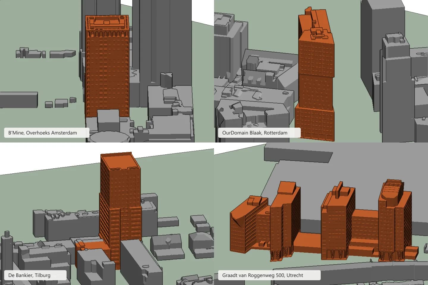 Vier van de nieuwe landmarkmodellen in oranje tussen de grijze PDOK-gebouwen: B'Mine, OurDomain Blaak, De Bankier en het kantoor aan de Graadt van Roggenweg 500