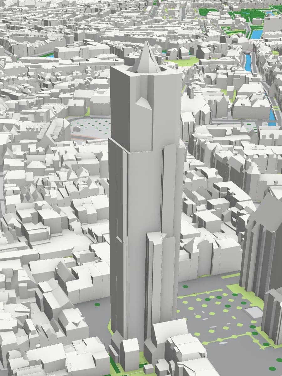 De Domtoren in de automatische PDOK-reconstructie: een hoog blok zonder nissen, lantaarn of spits