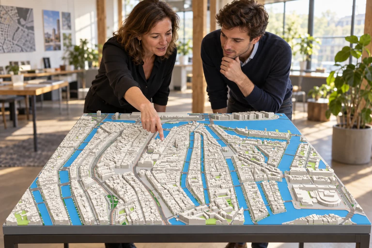 Twee mensen bekijken een maquette van het centrum van Amsterdam van 1 × 1 meter, samengesteld uit 25 prints; een van hen wijst de Dam aan