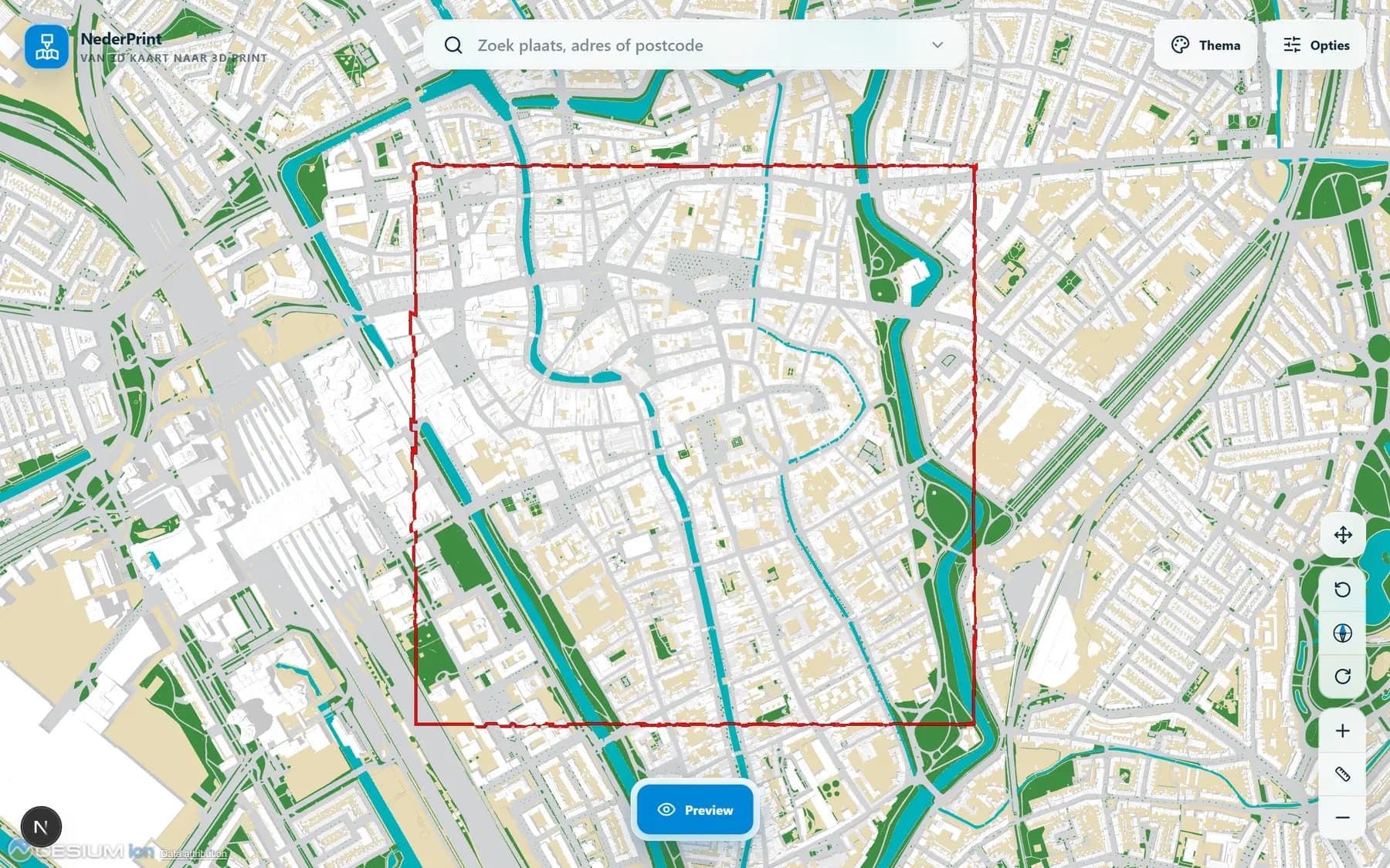 De 3D-kaart van NederPrint met het selectiekader rond een stadsdeel, klaar om te exporteren