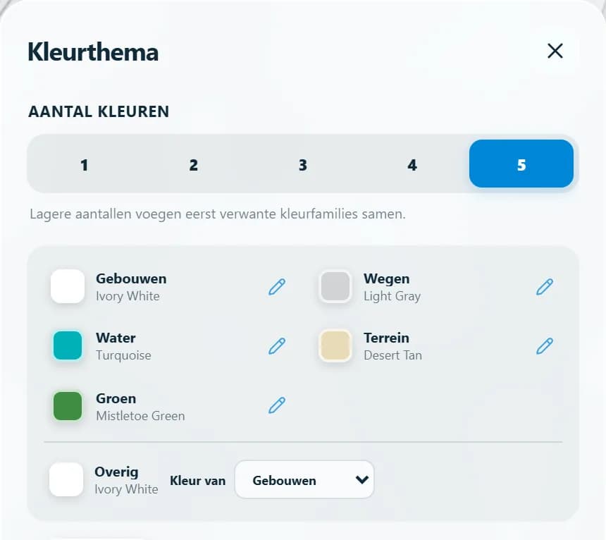 Het kleurenpaneel met de keuze voor het aantal kleuren en de toegewezen filamenten per objectklasse