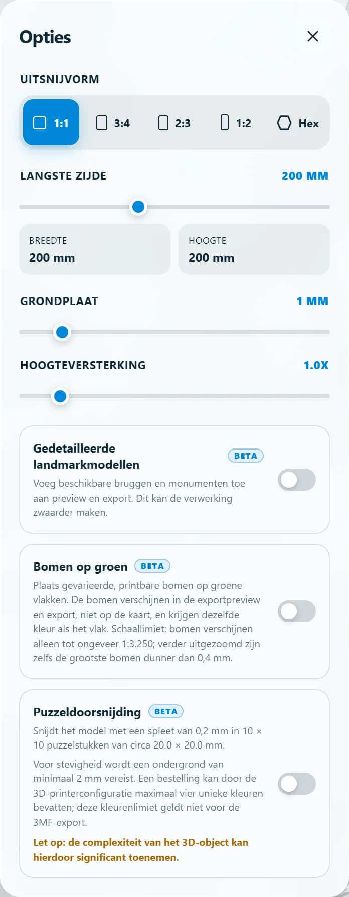 Het optiepaneel van NederPrint met uitsnijvorm, langste zijde, grondplaat, hoogteversterking en de schakelaars voor landmarks, bomen en puzzeldoorsnijding