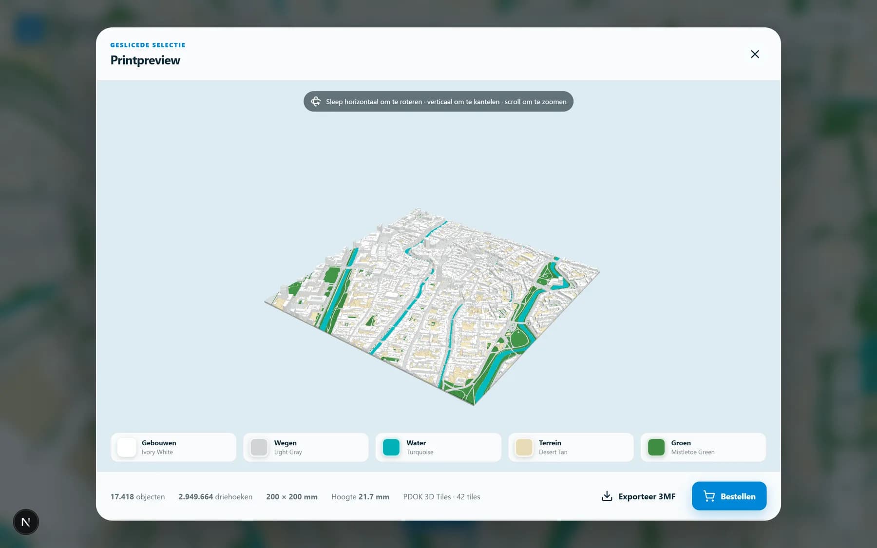 De printpreview met het geslicede 3D-model, de kleurenlegenda en de knop Exporteer 3MF