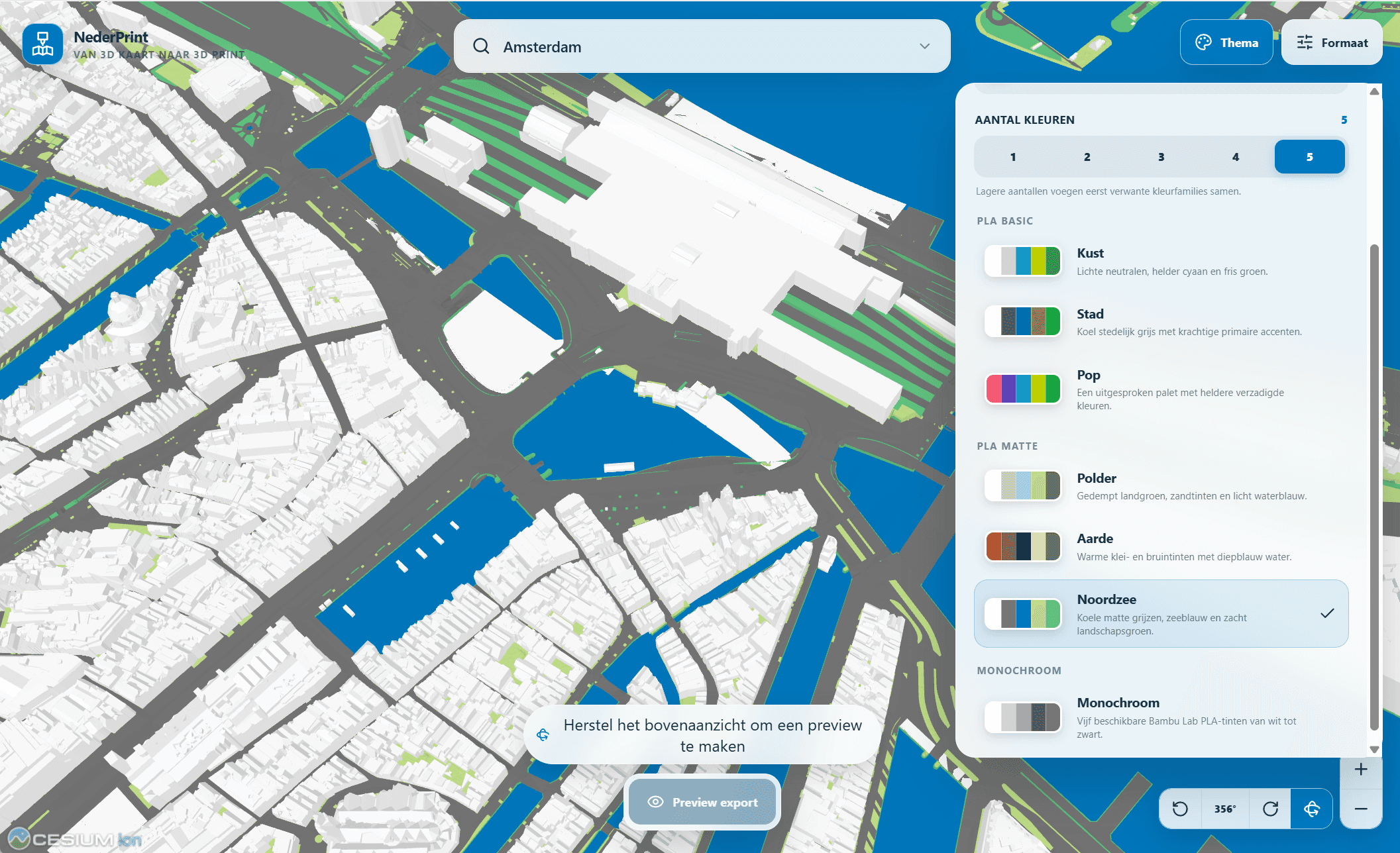 NederPrint 3D-kaart van Amsterdam met het paneel voor kleurthema's